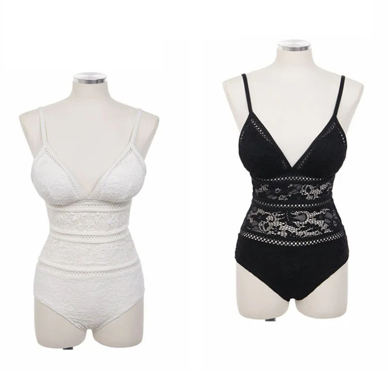Woman Sexy Mesh Lace Bikini Set Slim Solid Color Sling Strap One-Piece Halter Bikini High Waist Swimsuit Swimwear Beach Suit