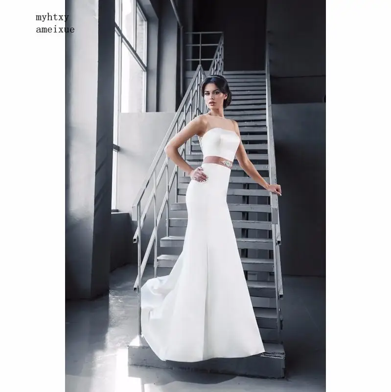 Халаты Vestido De Noiva специальная Сексуальная атласная юбка-годе пуговицы без рукавов прозрачная спина с перевязи свадебное платье