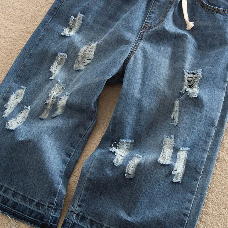 

Schinteon Plus Size Women Denim Knee Length Wide Leg Pants Elastic Waist Drawstring Shorts Ripped Hole