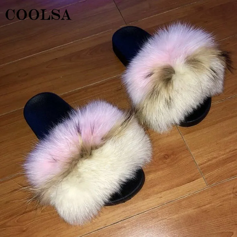 Blue raccoon white Coolsa/летние женские шлепанцы из лисьего меха; шлепанцы без задника с натуральным мехом; женские домашние Вьетнамки; повседневные сандалии с мехом; модная пушистая плюшевая обувь - Цвет: Blue raccoon white