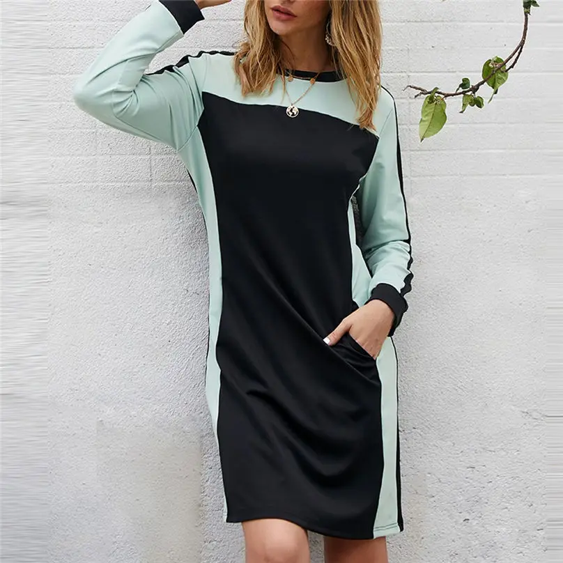 Модное женское повседневное весенне осеннее платье 2019 с круглым вырезом