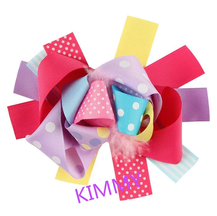 

Free Shipping 100pcs/lot Over the Top Hair Bow with Ostrich Puff Center Rainbow