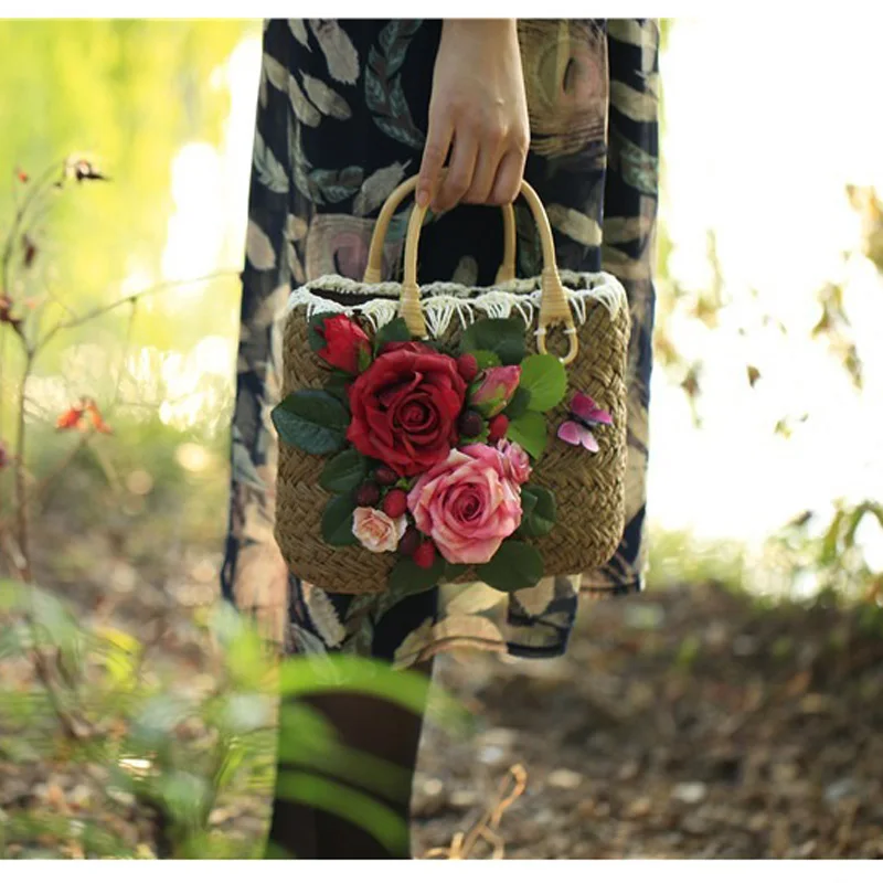 Летние соломенные сумки для женщин 2018 Роскошные цветы ручной работы Тканые