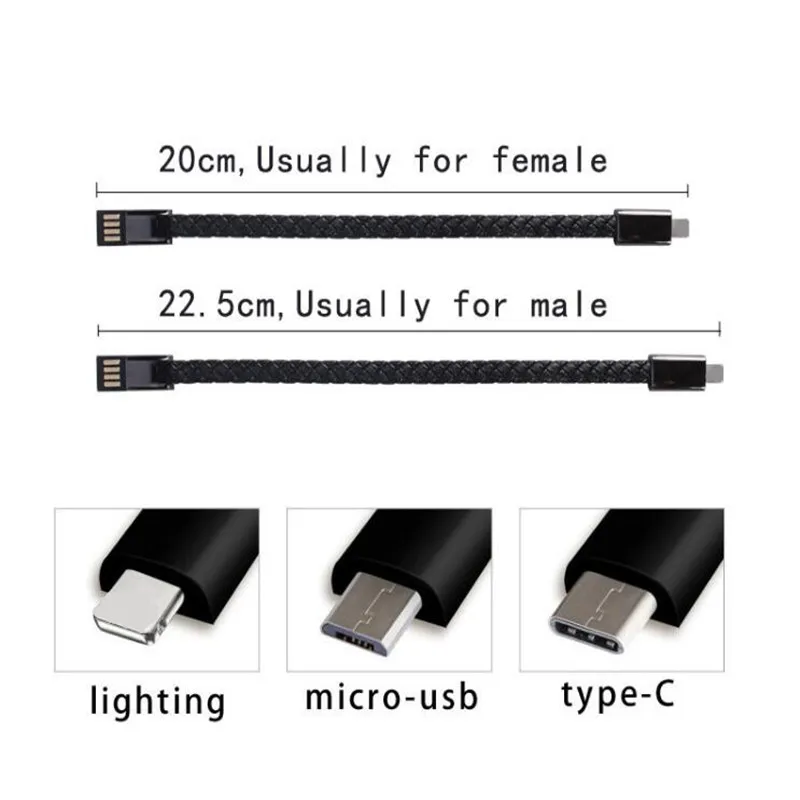 USB зарядное устройство для телефона для путешествий, черный плетеный кожаный браслет в стиле панк для мужчин, нержавеющая магнитная застежка, быстрая зарядка, портативный usb-кабель для улицы