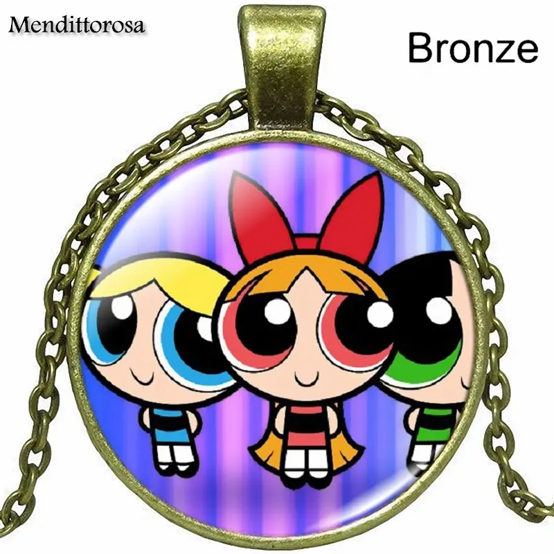 as picture Powerpuff девушки Powerpuff Девушки серии Мода стекло кулон с кабошоном для школьниц Макси ожерелье - Окраска металла: as picture