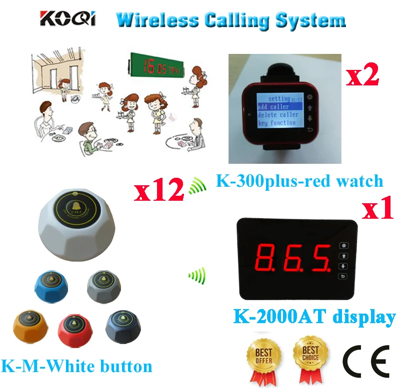 

Wireless Restaurant Table Calling System 433.92mhz Waiter Caller Table Buzzer Bell Equipment(1 display+2 watch+12 call button)