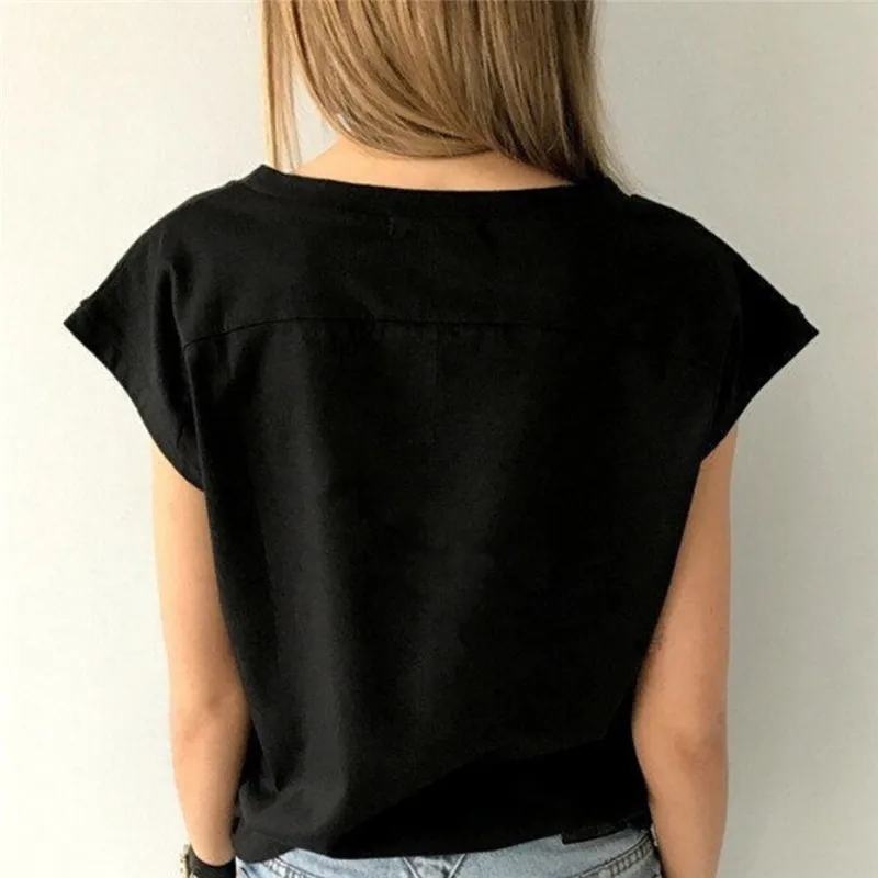 Летняя белая футболка Женская свободная с коротким рукавом и V образным вырезом