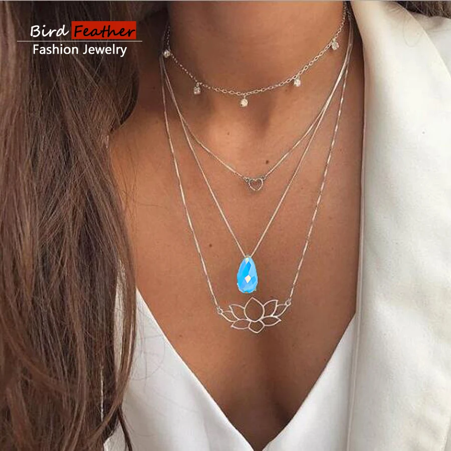 Женское Ожерелье чокер золотого цвета с голубым камнем и подвеской в виде цветка