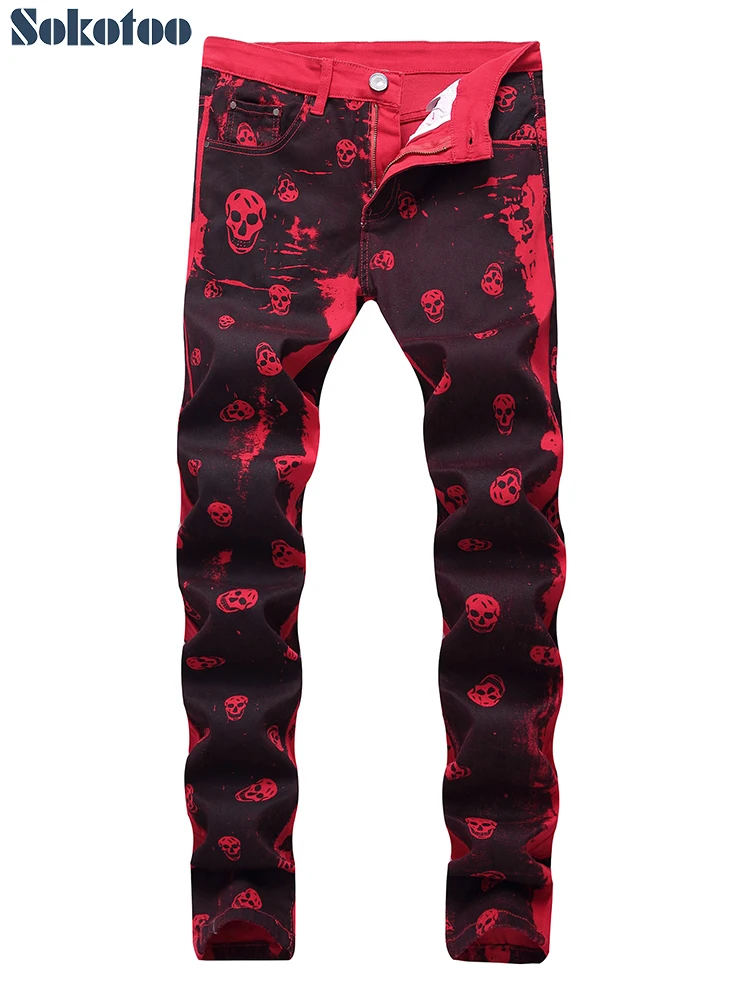 Sokotoo Men's skull printed red denim jeans Plus size fashion slim fit pattern painted stretch pants | Мужская одежда