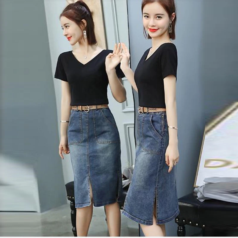 Новинка 2020 модная летняя женская футболка с коротким рукавом и джинсовая юбка