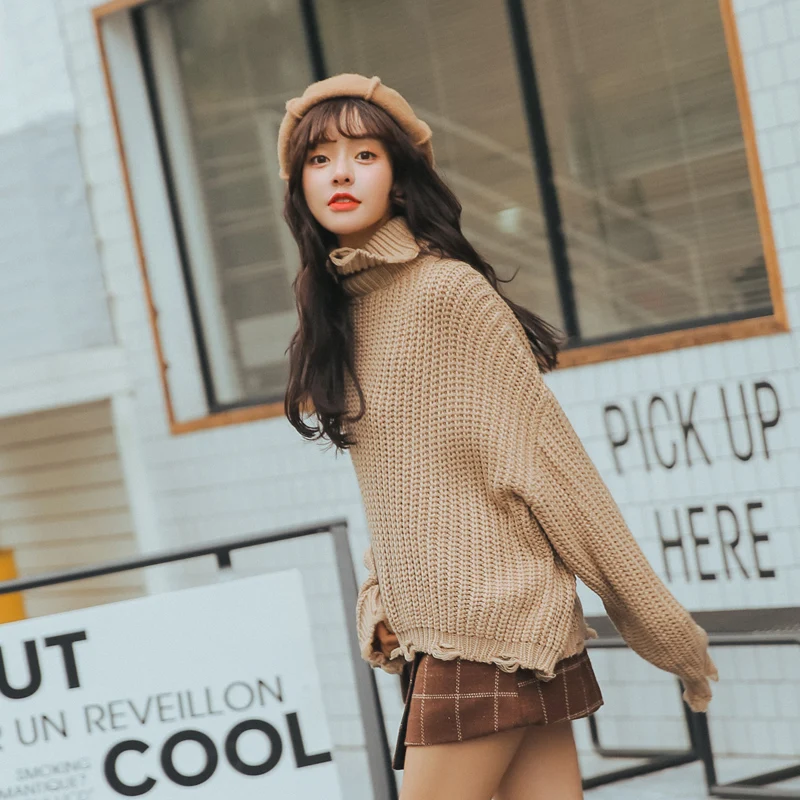 Wholesale 2020 autumn winter thick cuffs hem hole loose turtleneck Pullovers solid color batwing sleeve irregular sweaters nice | Женская