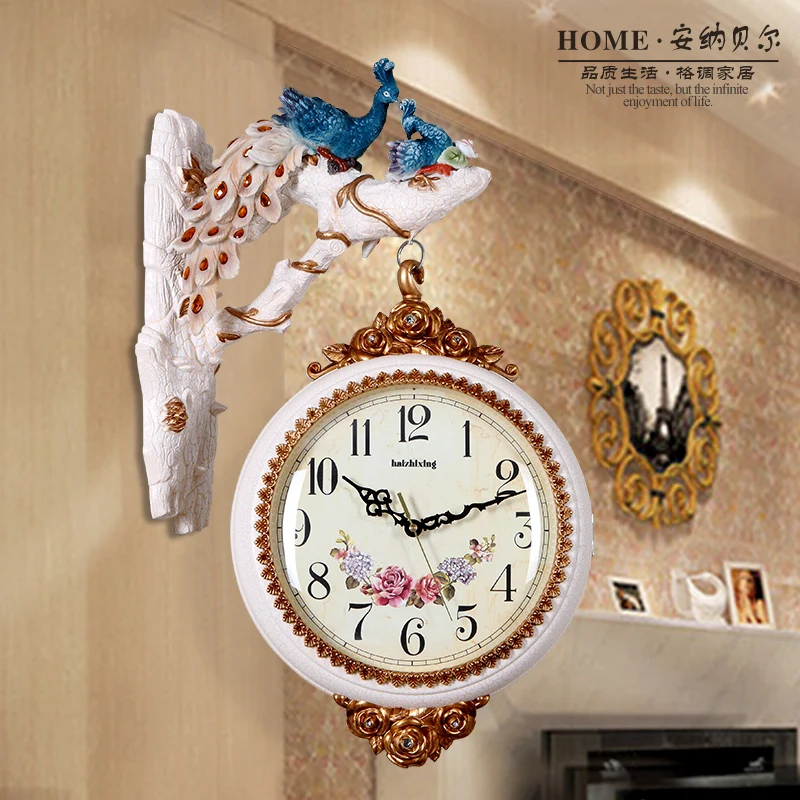 Часы с павлином в европейском стиле Двухсторонние настенные часы креативное