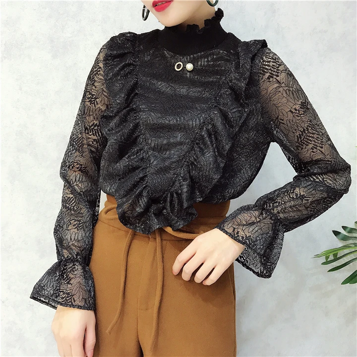 ALPHALMODA V-Ruffled стоячий воротник, украшенный бисером, женские изящные футболки с вырезами на крючках, цветы, однотонные женские пуловеры, футболки