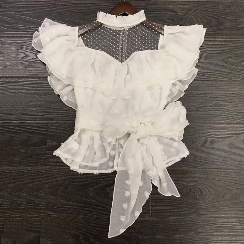 TWOTWINSTYLE Лоскутные кружевные рубашки блузка для женщин стоячий воротник без рукавов бандаж оборки Топы женские летние корейская мода