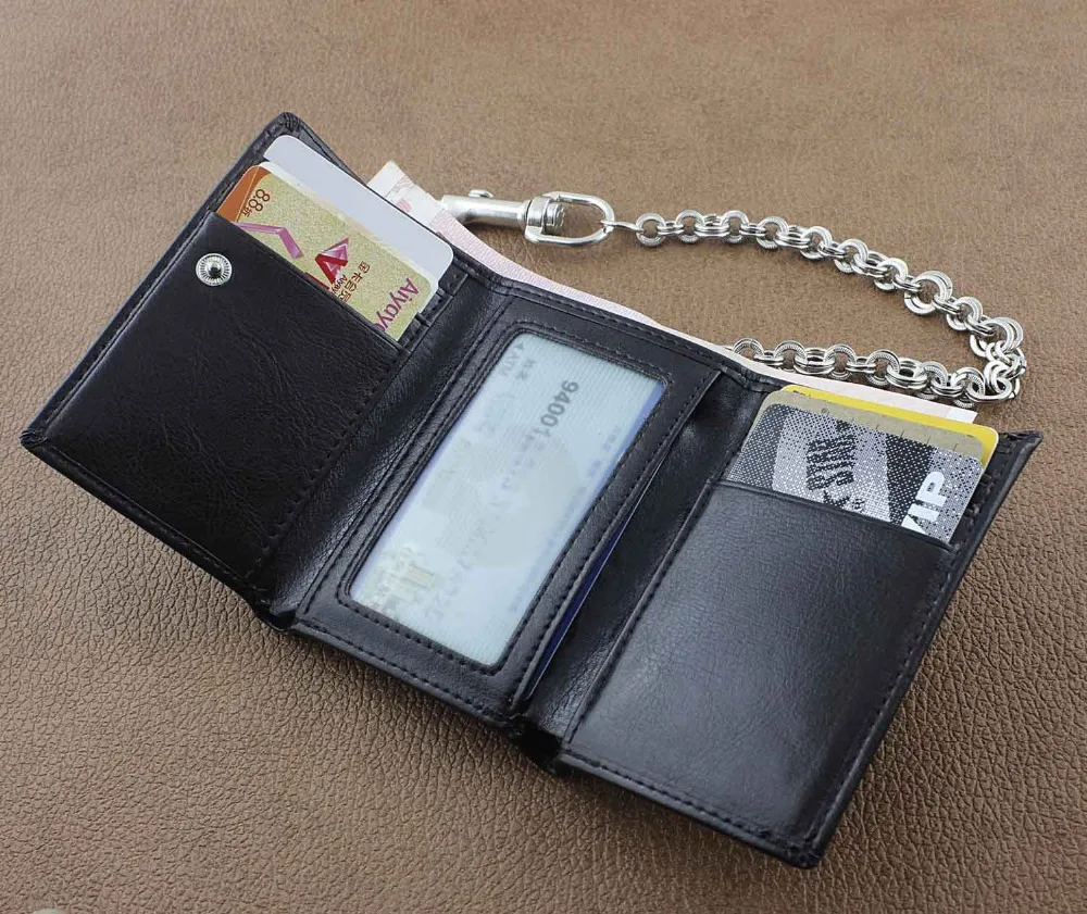 Мужской тройной кожаный бумажник для мальчиков с длинным металлическим кольцом