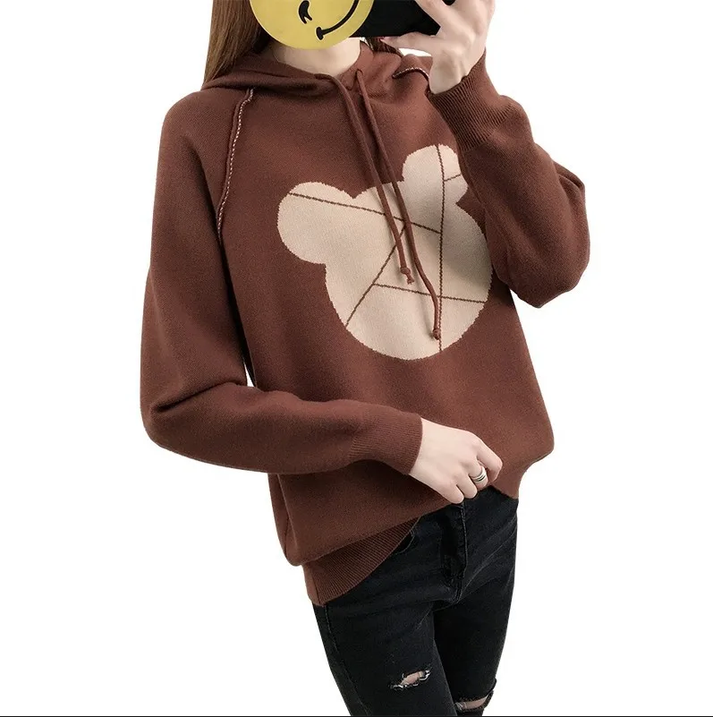 2018 autumn and winter sweater new women loose pullover cartoon hooded casual Lantern sleeve knit sweaters | Женская одежда