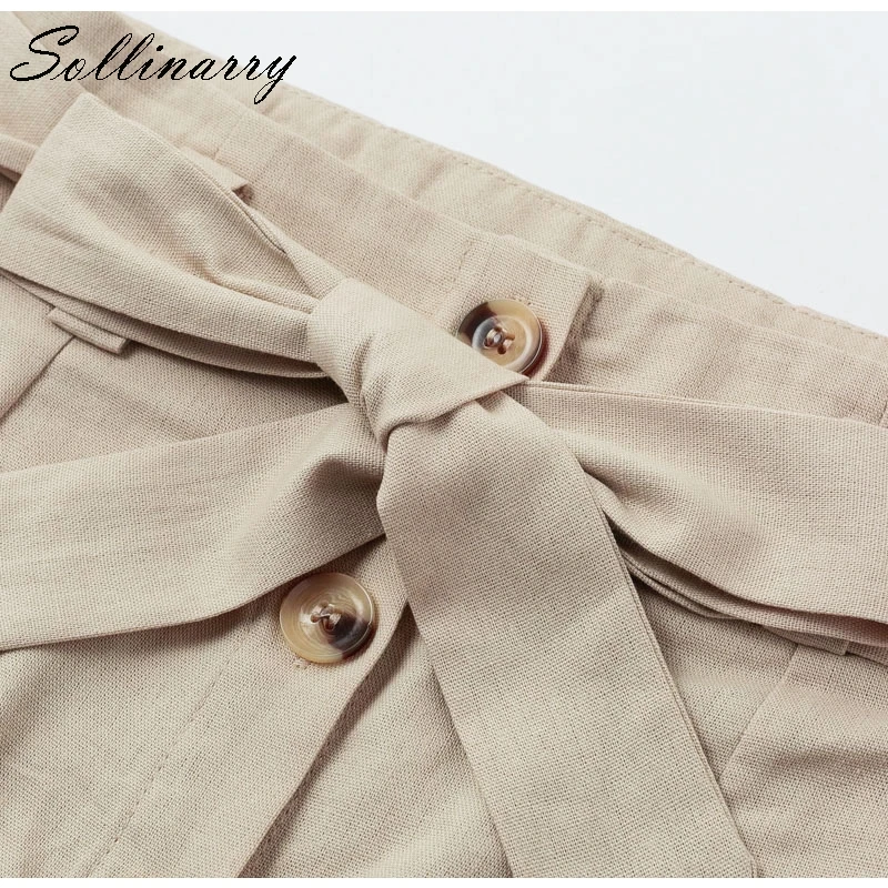 Sollinarry, распродажа, высокая талия, льняные, миди юбки, для женщин, для пляжа, с бантом, на поясе, юбка, одноцветная, на пуговицах, с карманами, юбка, Mujer