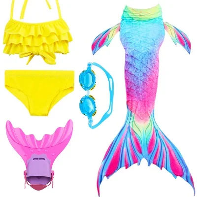 Yellow 52 set Купальник русалки для детей, бикини, хвост русалки, с ребристой, купальник, детская одежда, Раздельный купальник, хвост русалки, одежда для купания - Цвет: Yellow 52 set
