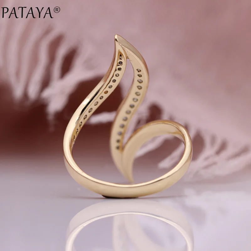 PATAYA, новинка, тонкая гипербола, кривая, женские кольца, белый, Круглый, микро воск, инкрустация, натуральный циркон, 585, розовое золото, модное ювелирное изделие, уникальное кольцо
