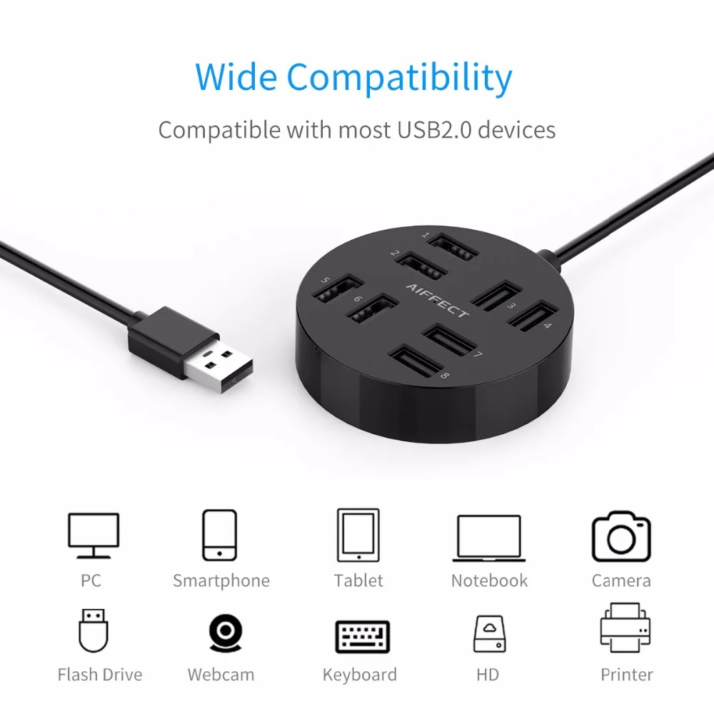 AIFFECT USB HUB2.0 внешний 8 портов разветвитель с микро порт питания для компьютера Mac