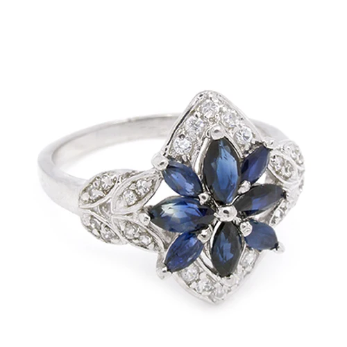 Qi Xuan_Fashion Jewelry_Dark Blue Stone элегантный цветок Rings_S925 Стерлинговое серебро Мода