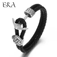double layer braided leather bracelet classic mens jewelry with 316l stainless steel anchor hook man charm woven bangle gift