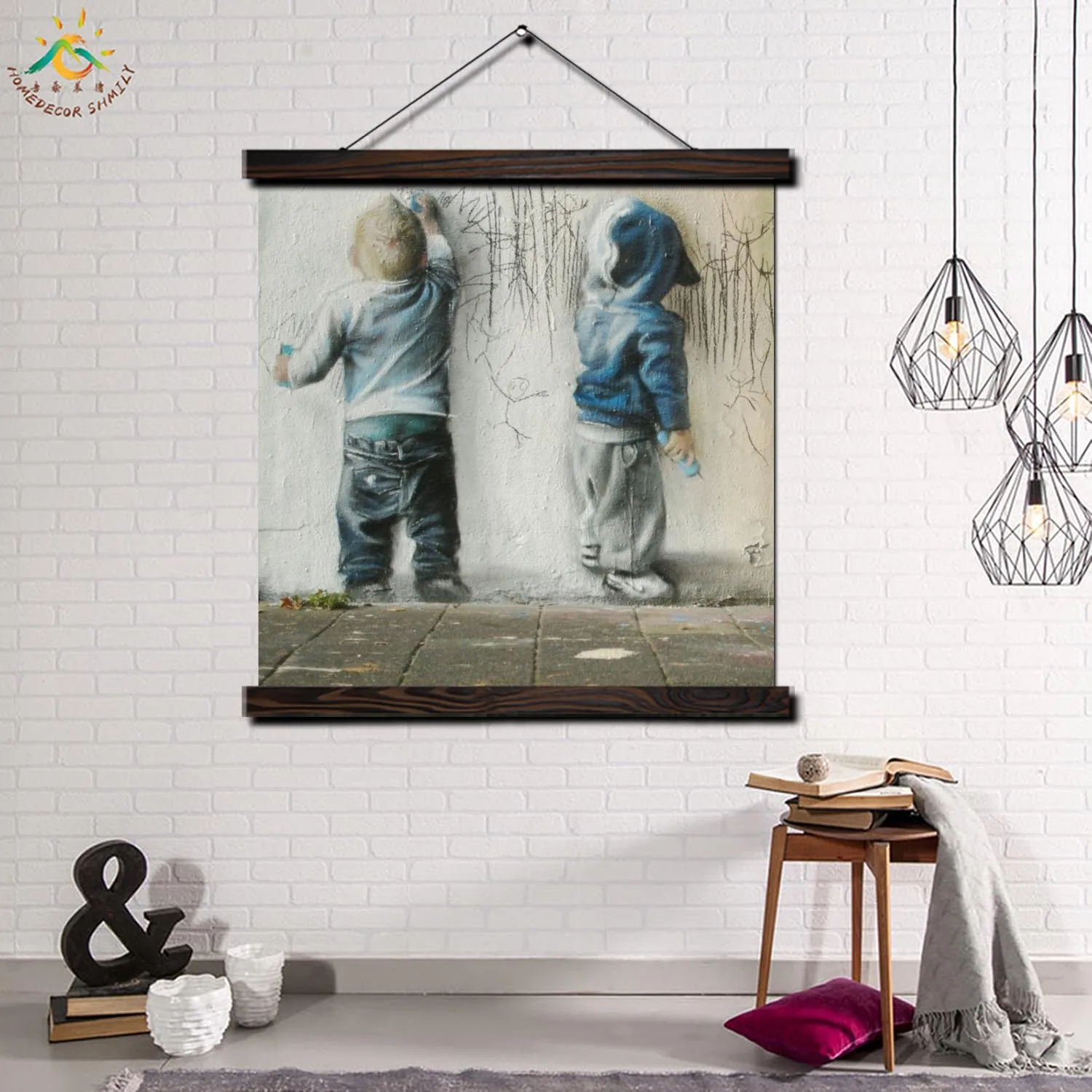 

Two Boys Graffiti Single Vintage Posters and Prints Scroll Painting Canvas Wall Art Pictures Frame Painting Home Decoration