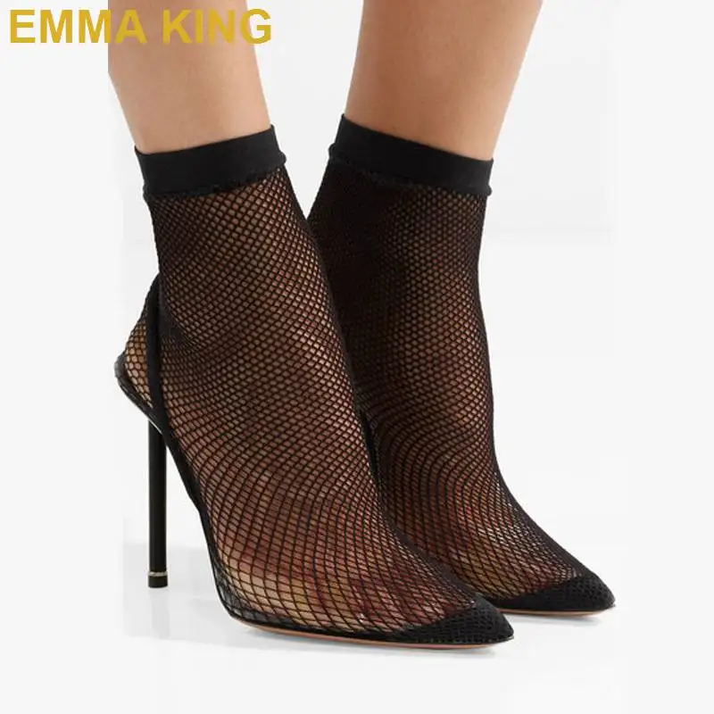 

Fashion Black Mesh Ankle Boots For Women Pointed Toe Stiletto Heel Summer Sock Booties Sexy Ladies High Heels Party Shoes Woman