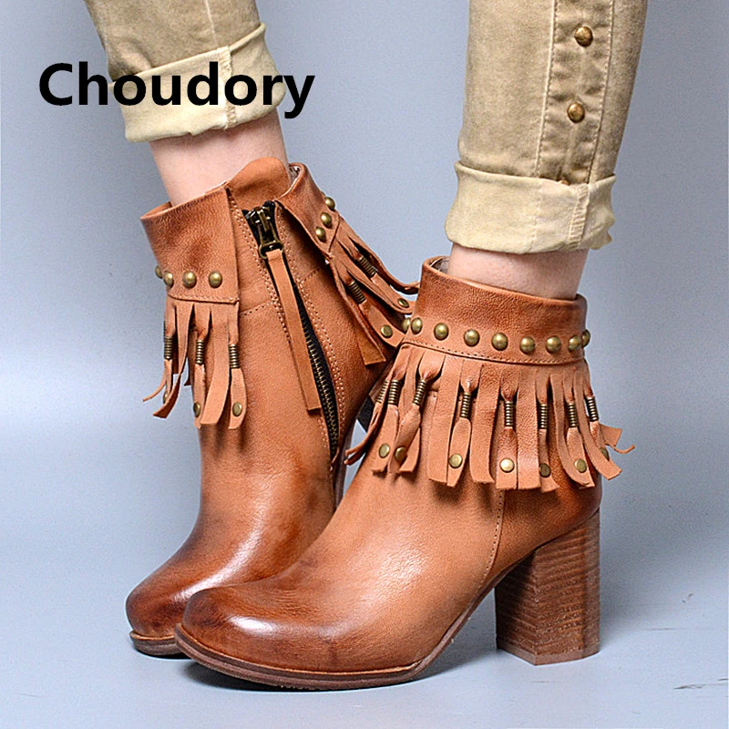 Choudory Натуральная Кожа Кисточкой Женщины Ботильоны Sexy Высокие Каблуки Обуви
