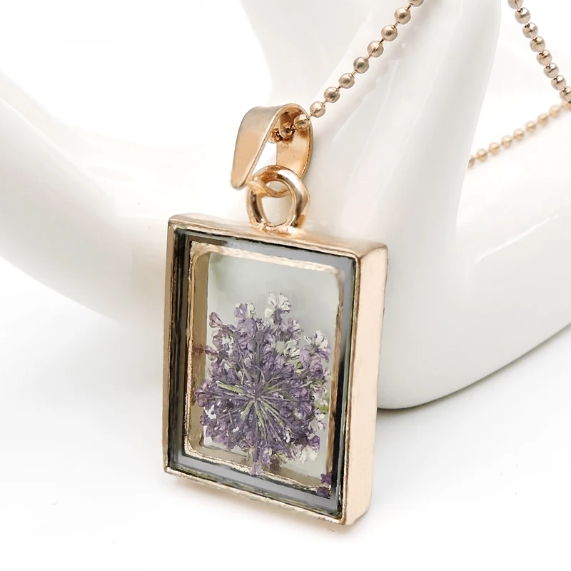 Квадратное стеклянное ожерелье с сухими цветами подвеска натуральными милая