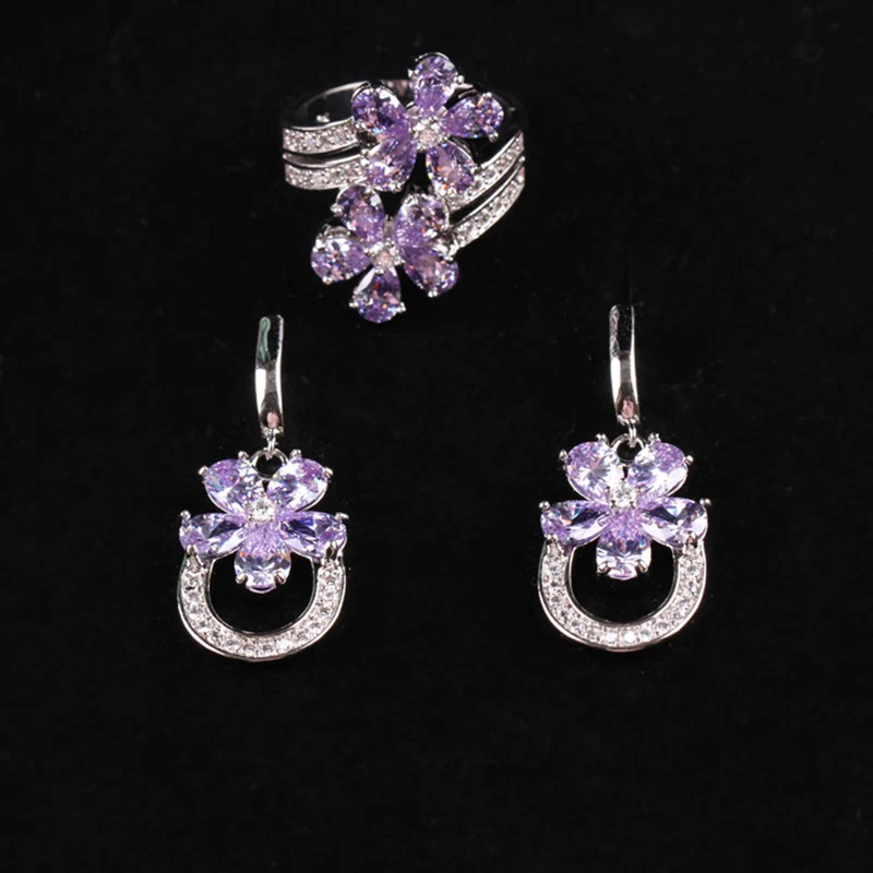 Комплект из кольца и серёг с натуральным Цирконом|flower jewelry set|jewelry setsring earrings set |