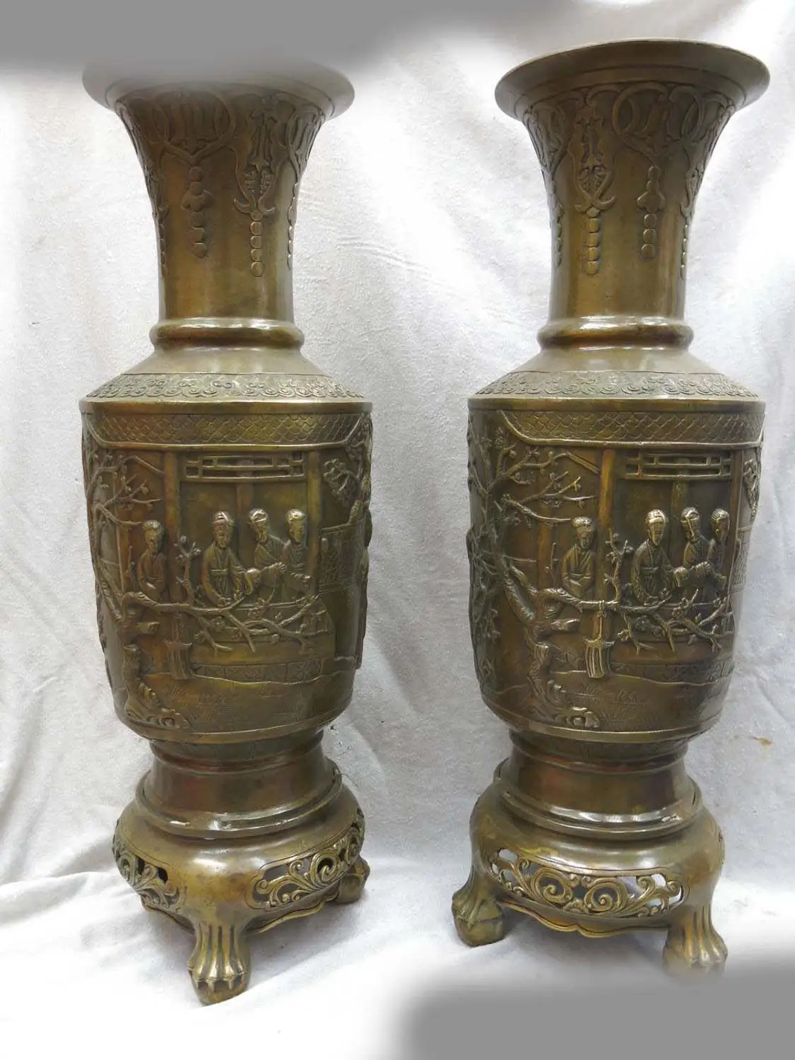 19 &quotКитайская латунная медная резная фигура террасы и открытые холлы вазы пара