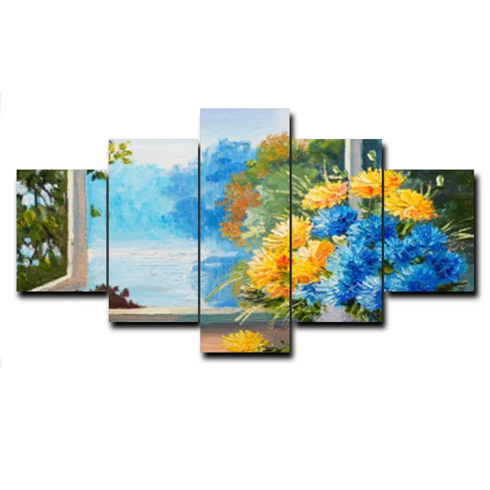 

Laeacco Flowers Outside Window Landscape Modern Art Canvas Oil Painting Poster Prints Bed Living Room Wall Decoration Picture