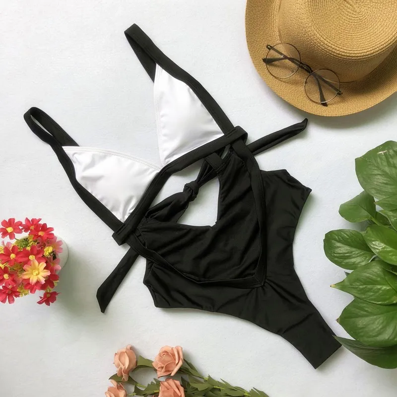 2018 женский бандажный черный купальник сдельный с вырезами на животик v образный