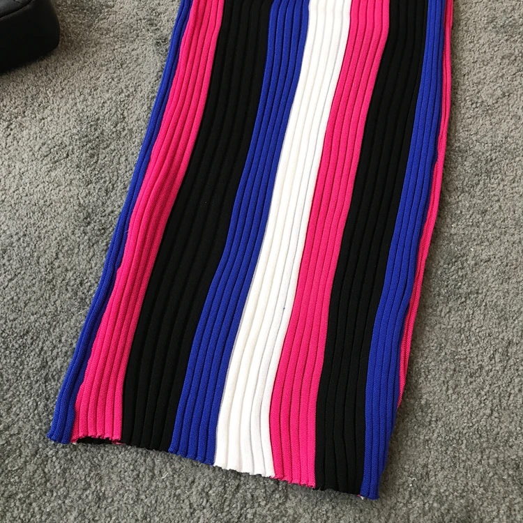 

Fashion New Halter Neck Slim Summer Striped Print Knitted Cotton Sheath Midi Dress Women Tank Casual Party Bodycon Vestidos