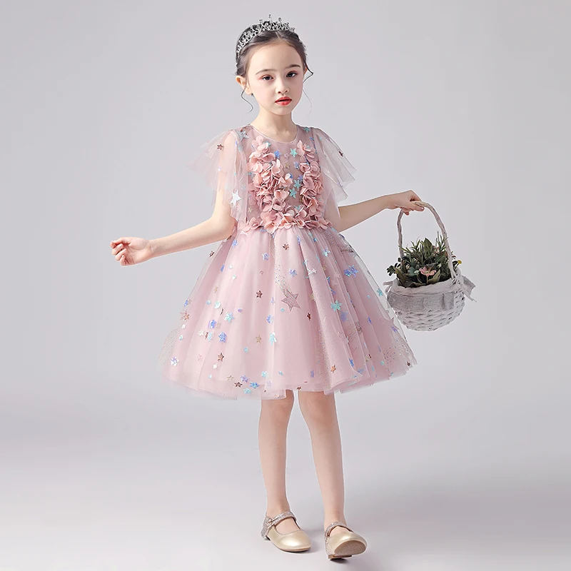 

Sweet baby girls mini dress stylish kid girl fairy costume pink dress short elegant gown 3d flower applique party wedding lovely
