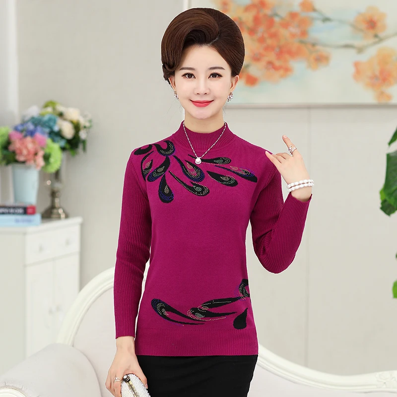 Осенне-зимний теплый вязаный пуловер женский свитер с принтом среднего возраста