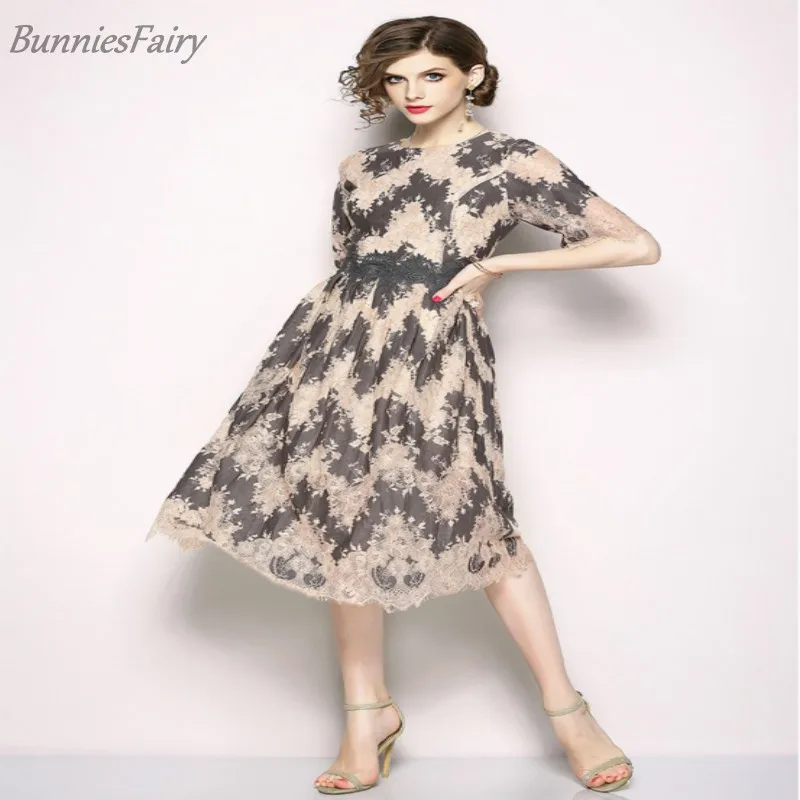 BunniesFairy 2018 летнее новое женское элегантное винтажное серое бежевое платье в стиле
