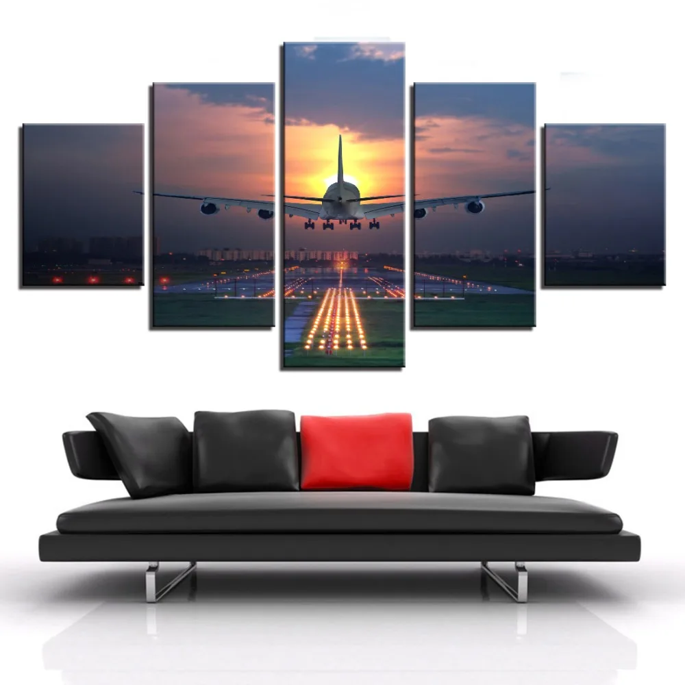 Картина для гостиной настенная живопись 5 панелей закат огни самолет в