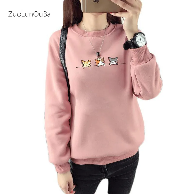 

ZuoLunOuBa Kawaii Harajuku Women Hoodies Cat Sweatshirt Female Winter Warm Fleece Korean Sweatshirt Long Sleeve Jumpers