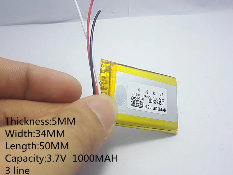 

5pcs 3 line 3.7V,1000mAH,[503450] PLIB; polymer lithium ion / Li-ion battery for GPS,mp3,mp4,mp5,dvd,,model toy