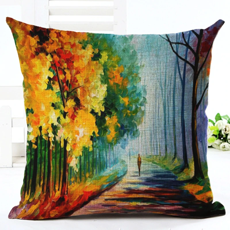 2017 высокое качество пейзаж красочные дерево Подушка Almofadas льняная декоративная