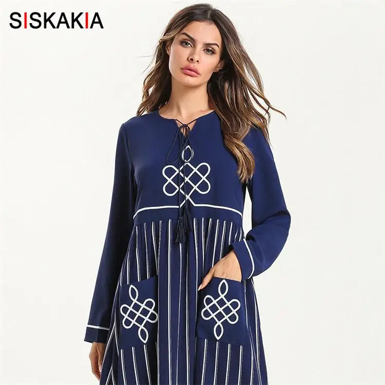Navy blue dress Siskakia женские макси платья Винтаж этнические геометрические вышитые длинное платье синий китайский узел полосы лоскутное халаты карманы - Цвет: Navy blue dress