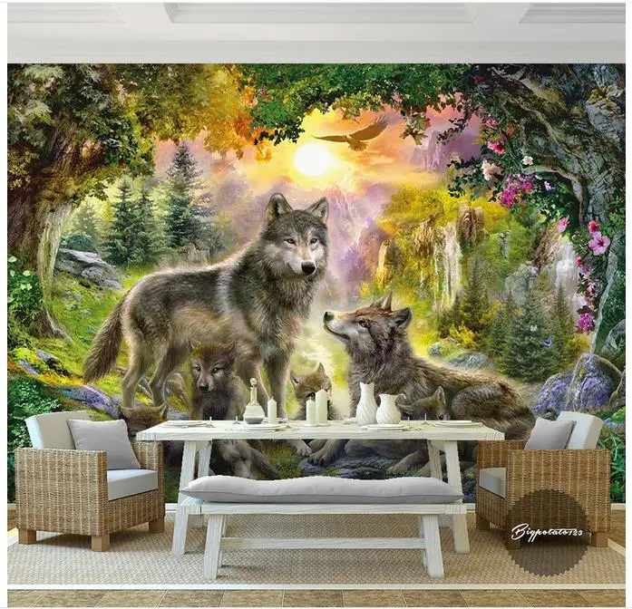 

High end Custom photo wallpapers 3d murals wallpaper Sunshine green forest gray wolf wild dog animal landscape painting wall