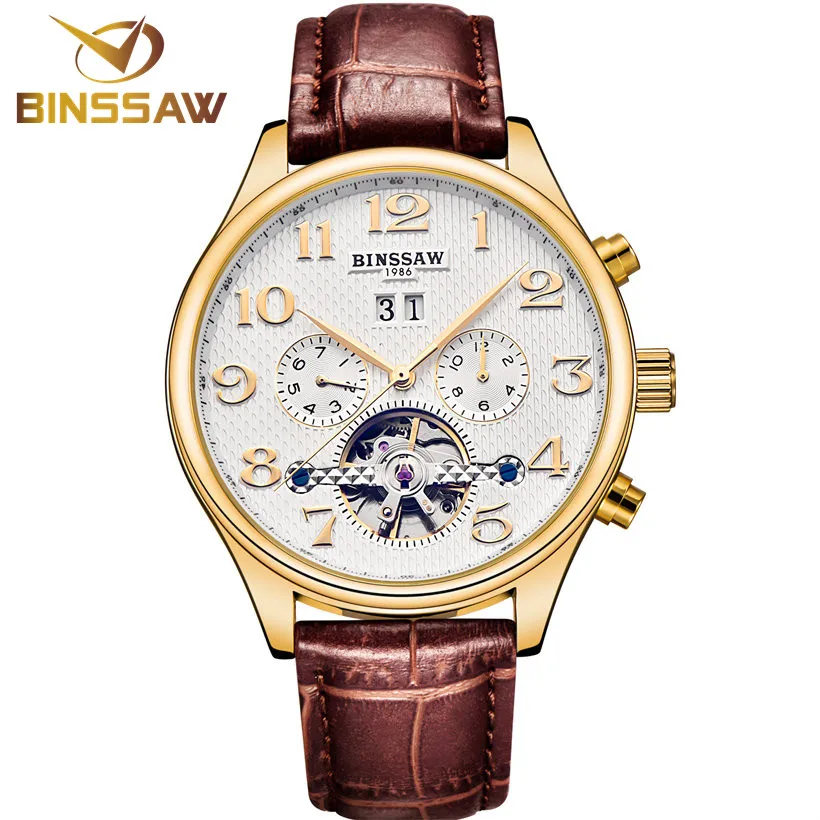 Часы BINSSAW мужские Роскошные автоматические механические деловые кожаные|relogio