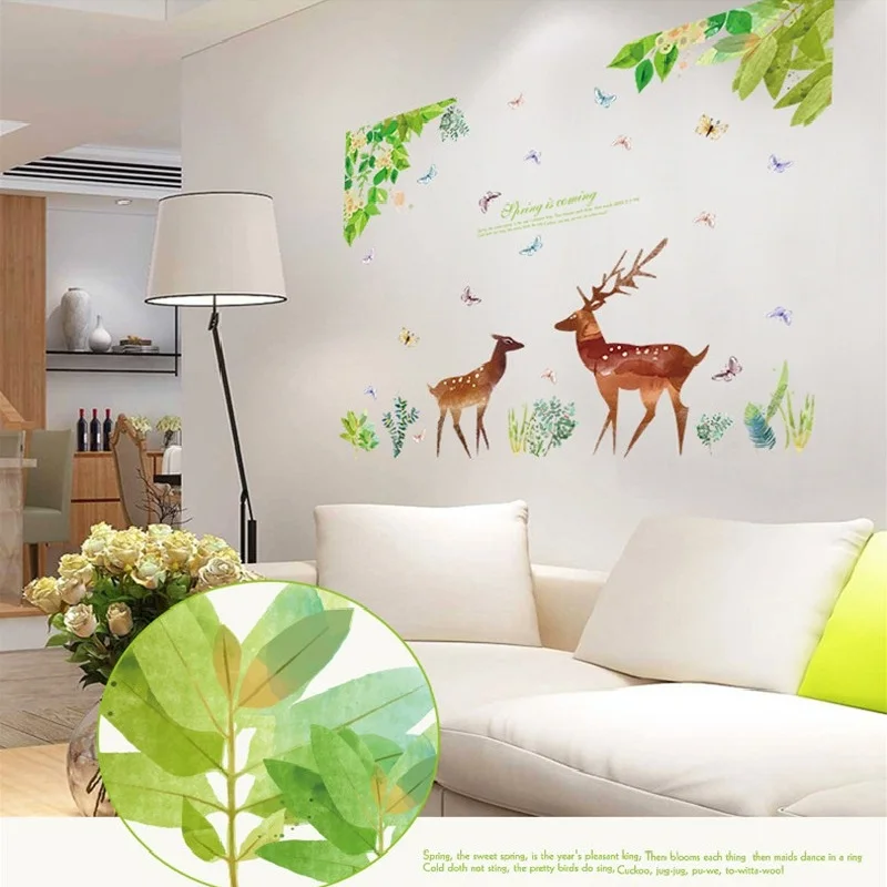 

Green Leaf Deer Wall Sticker Home Decoration For Bed Room Background Decal Pvc Plane Plant Mural Window Diy Wallpaper Promotion