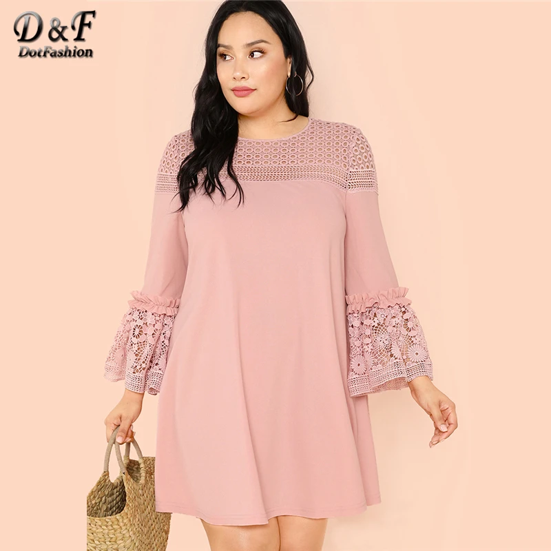 Dotfashion Plus Size Guipure Lace Insert Frill Trim Dresses Ladies Spring Fall Pink Elegant Flounce Sleeve A-Line Plain Dress