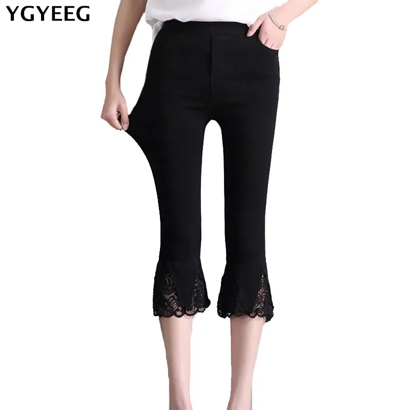 

YGYEEG Hot Sale Capris Women Summer Slim Waist Candy Color Stretch Leggings Fashion Pants Crops For Female Lace Stitching Bottom