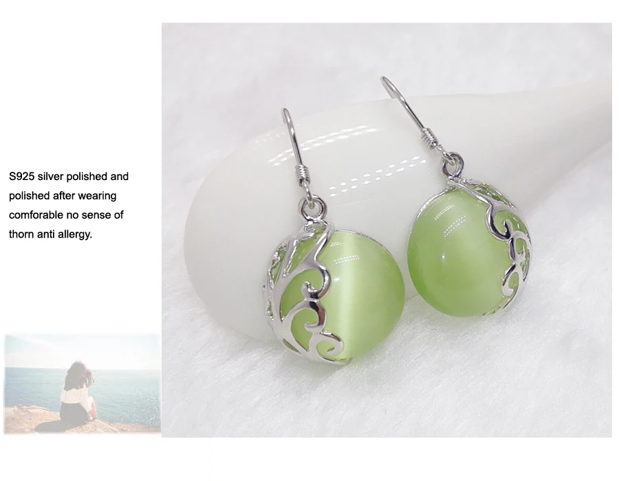 Серьги-подвески из настоящего серебра 925 пробы с зеленым опалом серебряные