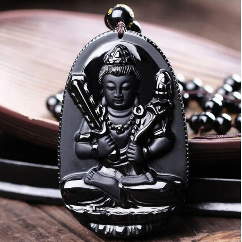 Натуральный черный Обсидиан Резной амулет Guan Yin на удачу кулон ожерелье для
